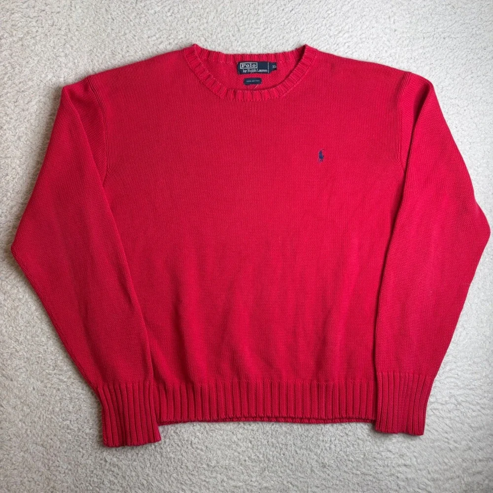 Polo Ralph Lauren Red Cotton Knit Crewneck Sweater Mens XL Navy Pony Logo